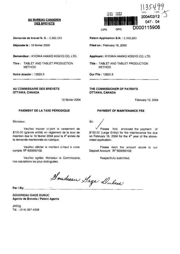 Document de brevet canadien 2362293. Taxes 20040212. Image 1 de 1