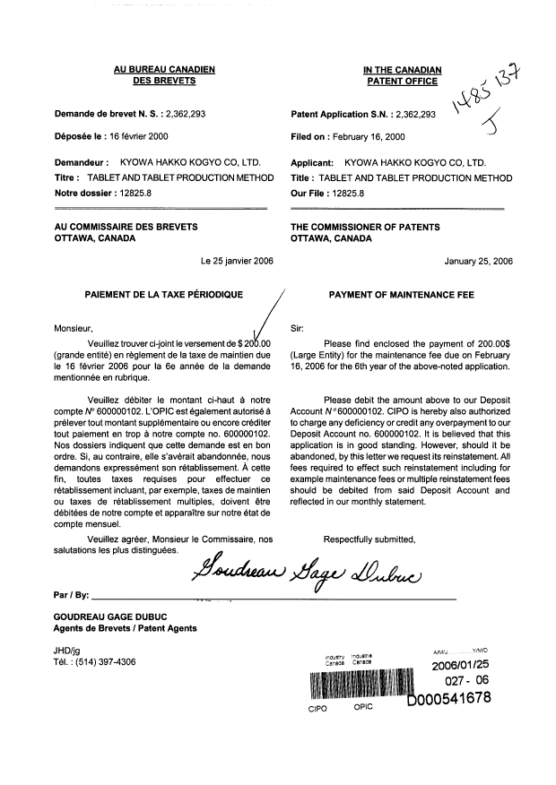 Document de brevet canadien 2362293. Taxes 20051225. Image 1 de 1