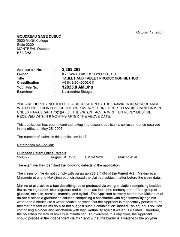 Canadian Patent Document 2362293. Prosecution-Amendment 20061212. Image 1 of 2