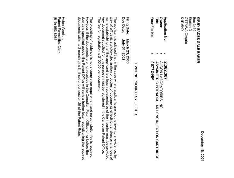 Canadian Patent Document 2362307. Correspondence 20001212. Image 1 of 1