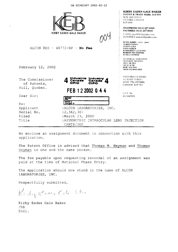 Document de brevet canadien 2362307. Cession 20011212. Image 1 de 6