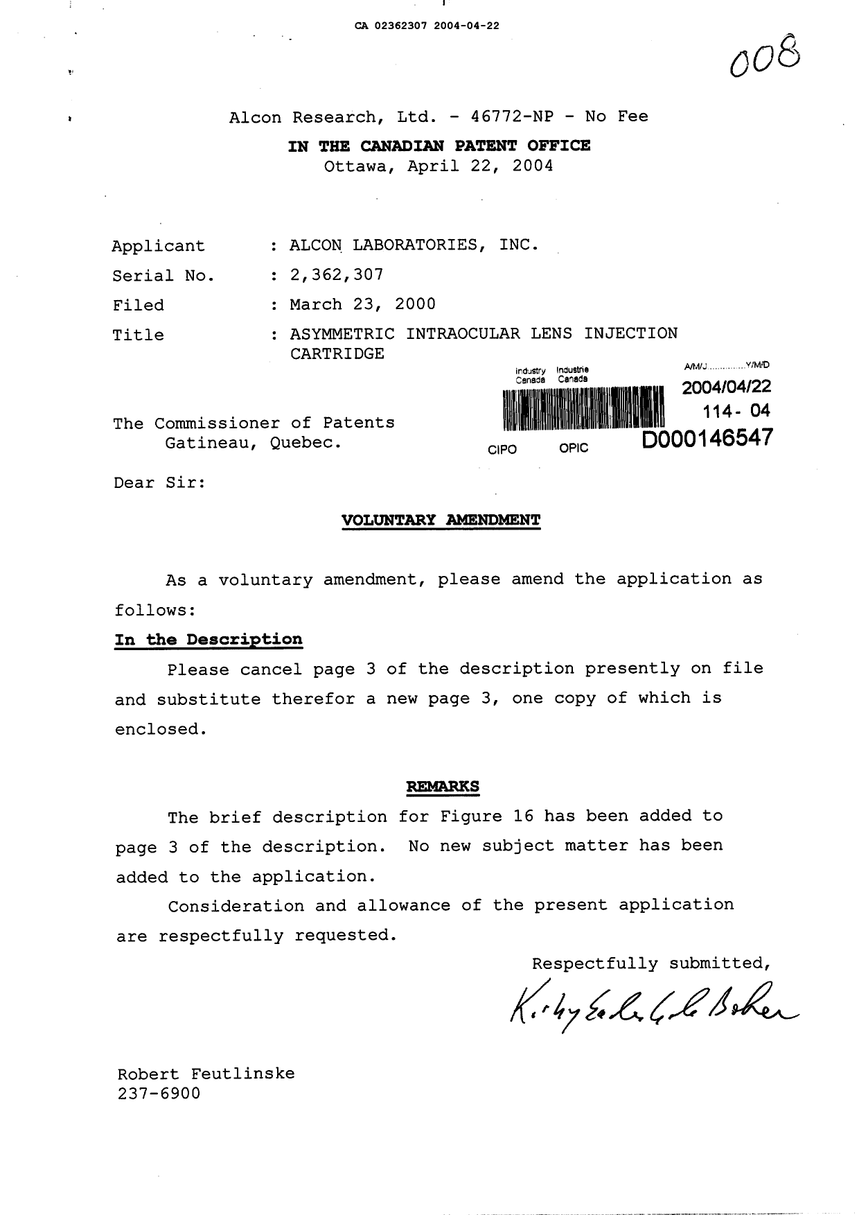 Canadian Patent Document 2362307. Prosecution-Amendment 20031222. Image 1 of 2