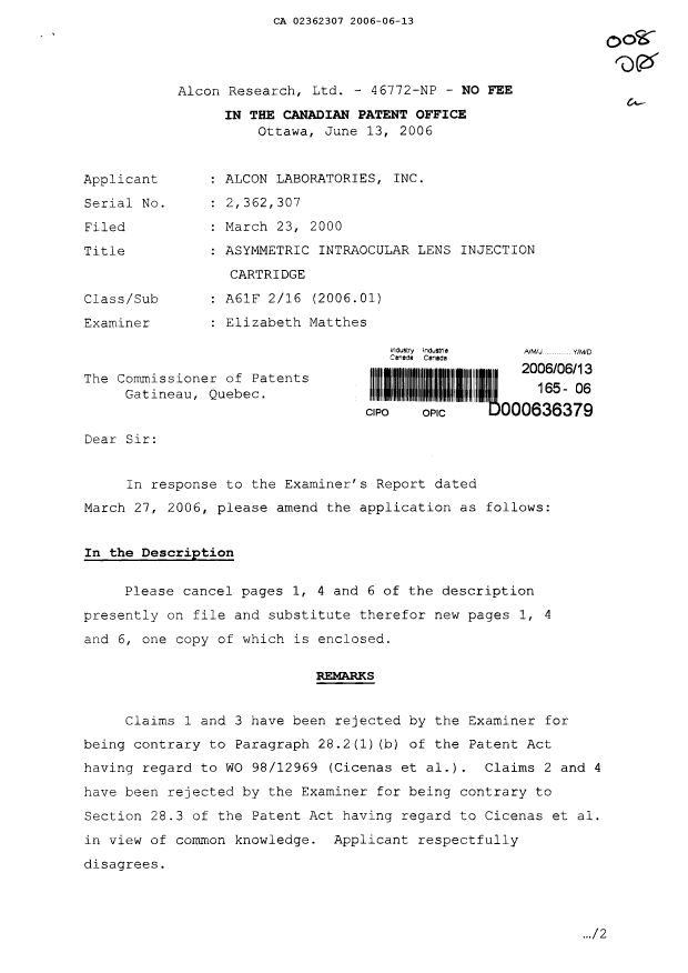 Document de brevet canadien 2362307. Poursuite-Amendment 20051213. Image 1 de 6