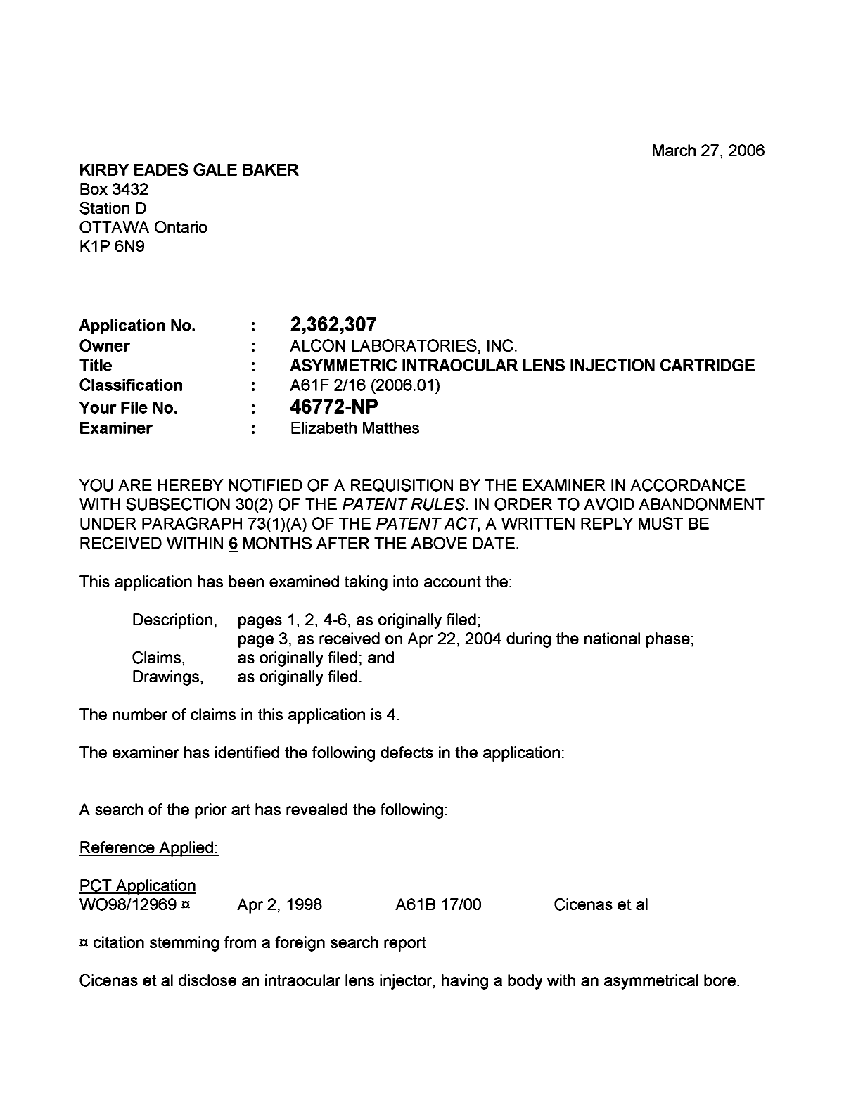 Canadian Patent Document 2362307. Prosecution-Amendment 20051227. Image 1 of 2