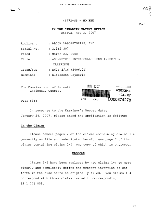 Canadian Patent Document 2362307. Prosecution-Amendment 20070503. Image 1 of 3
