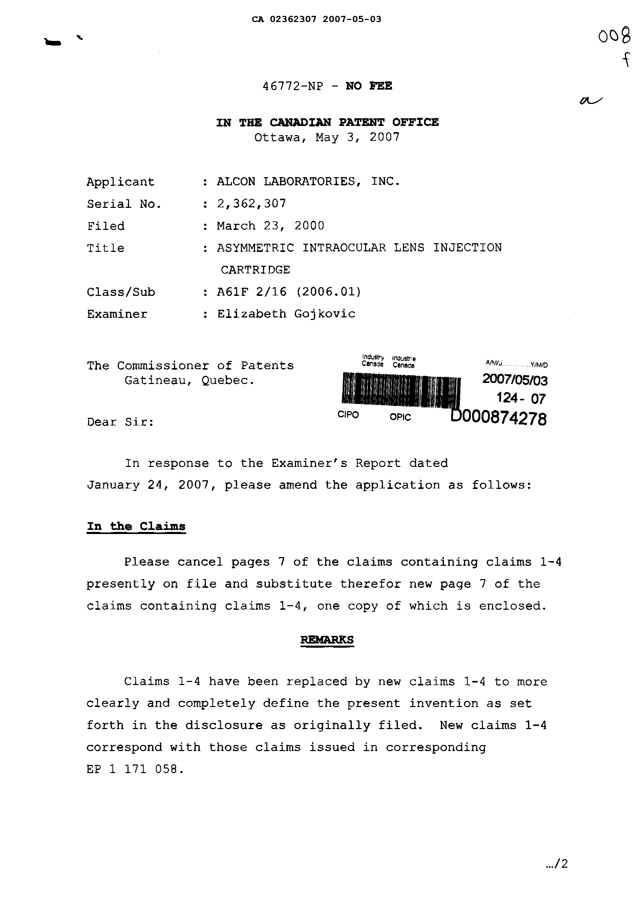 Canadian Patent Document 2362307. Prosecution-Amendment 20070503. Image 1 of 3