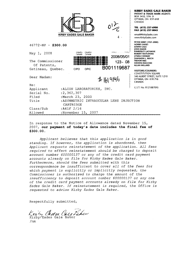 Document de brevet canadien 2362307. Correspondance 20071201. Image 1 de 1