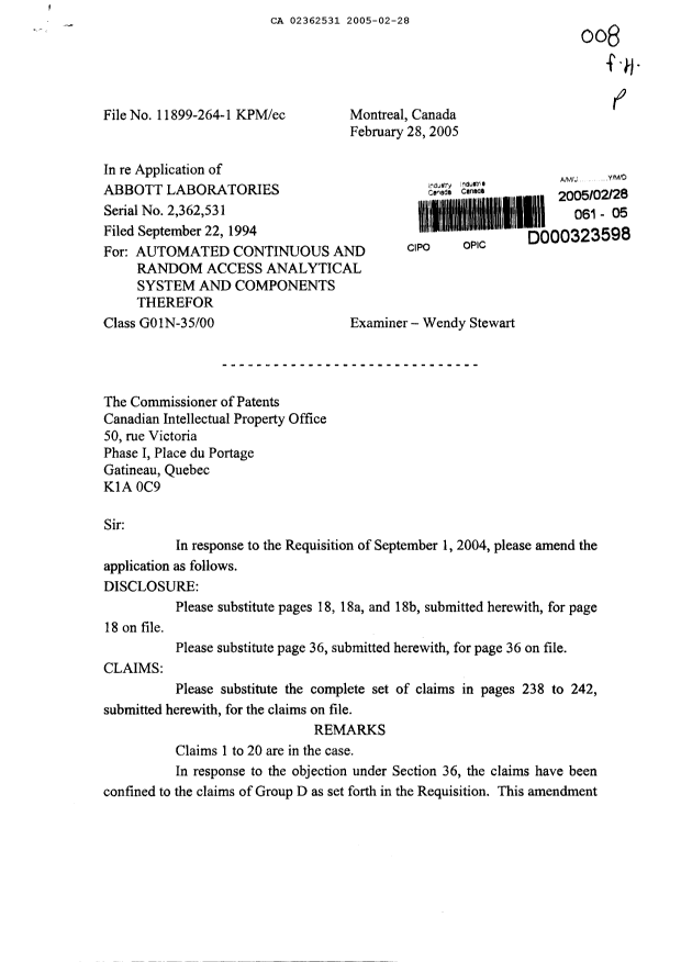Document de brevet canadien 2362531. Poursuite-Amendment 20050228. Image 1 de 11