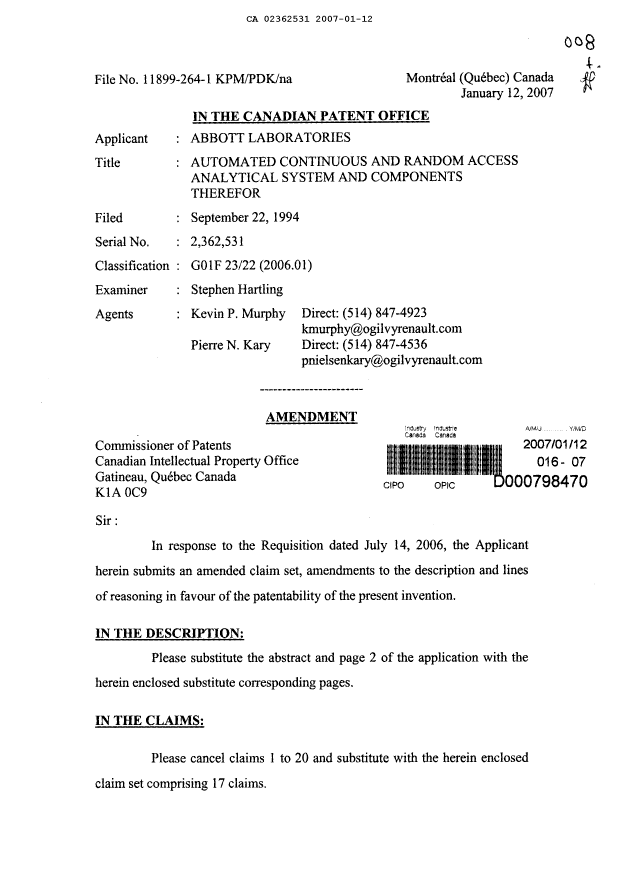 Document de brevet canadien 2362531. Poursuite-Amendment 20070112. Image 1 de 15