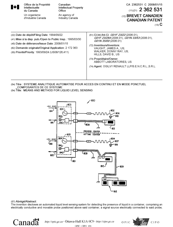 Document de brevet canadien 2362531. Page couverture 20071214. Image 1 de 2