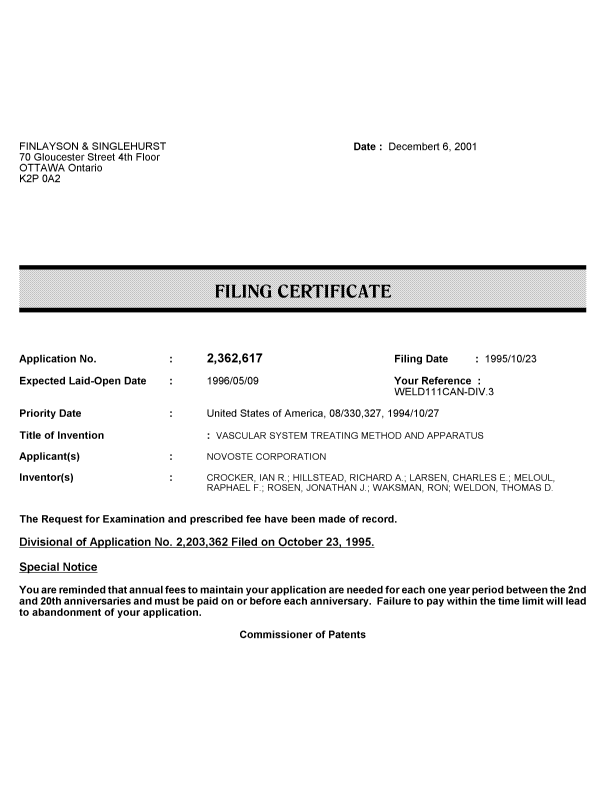 Canadian Patent Document 2362617. Correspondence 20001206. Image 1 of 1