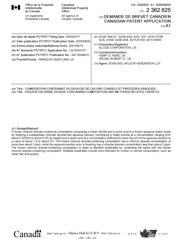 Document de brevet canadien 2362625. Page couverture 20011220. Image 1 de 1