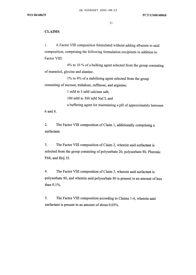 Document de brevet canadien 2362927. Revendications 20010813. Image 1 de 5