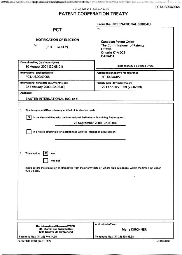 Document de brevet canadien 2362927. PCT 20010813. Image 1 de 7
