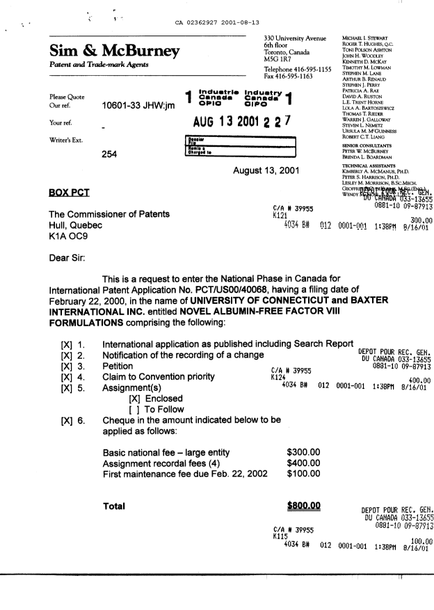 Document de brevet canadien 2362927. Cession 20010813. Image 1 de 21