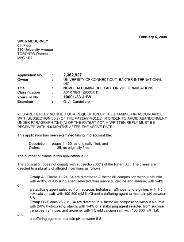Document de brevet canadien 2362927. Poursuite-Amendment 20080205. Image 1 de 2