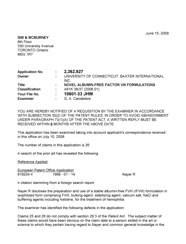 Document de brevet canadien 2362927. Poursuite-Amendment 20090615. Image 1 de 2