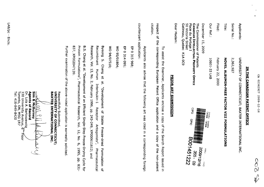 Canadian Patent Document 2362927. Prosecution-Amendment 20091216. Image 1 of 1
