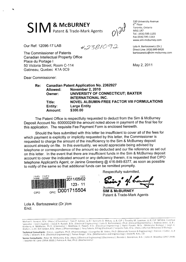 Document de brevet canadien 2362927. Correspondance 20110502. Image 1 de 1