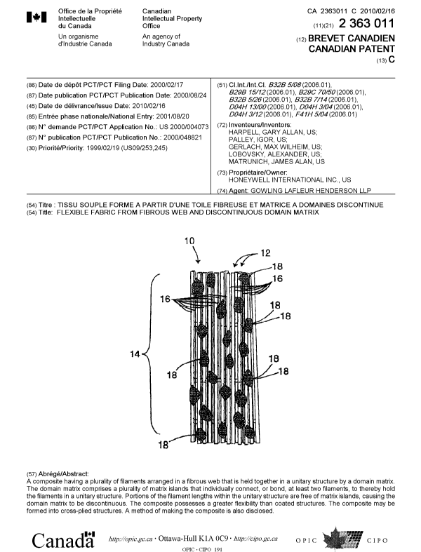 Canadian Patent Document 2363011. Cover Page 20100121. Image 1 of 1