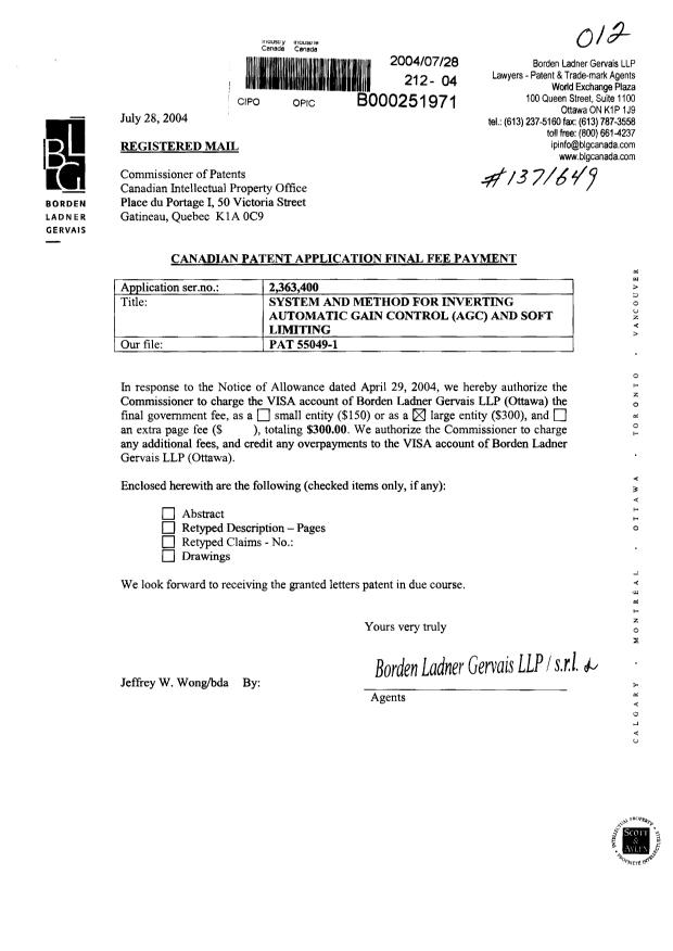 Document de brevet canadien 2363400. Correspondance 20040728. Image 1 de 1
