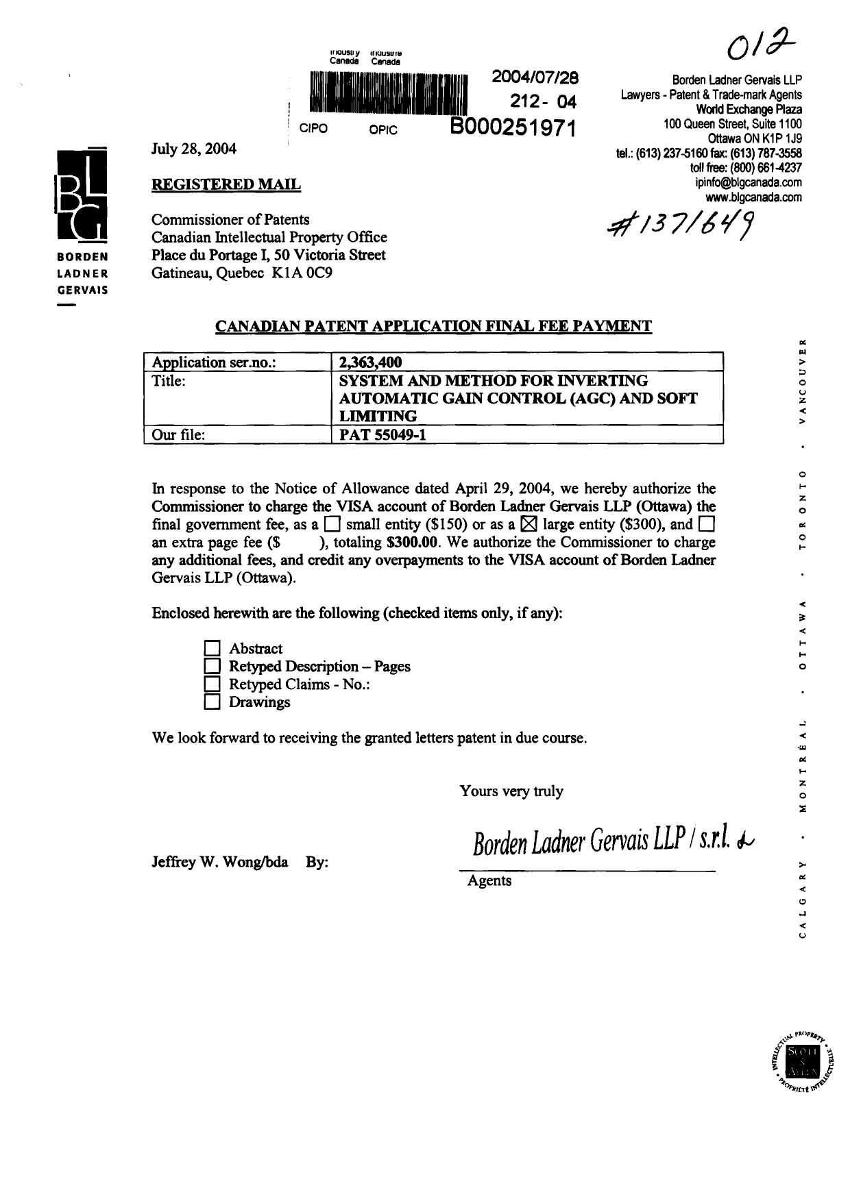 Canadian Patent Document 2363400. Correspondence 20040728. Image 1 of 1
