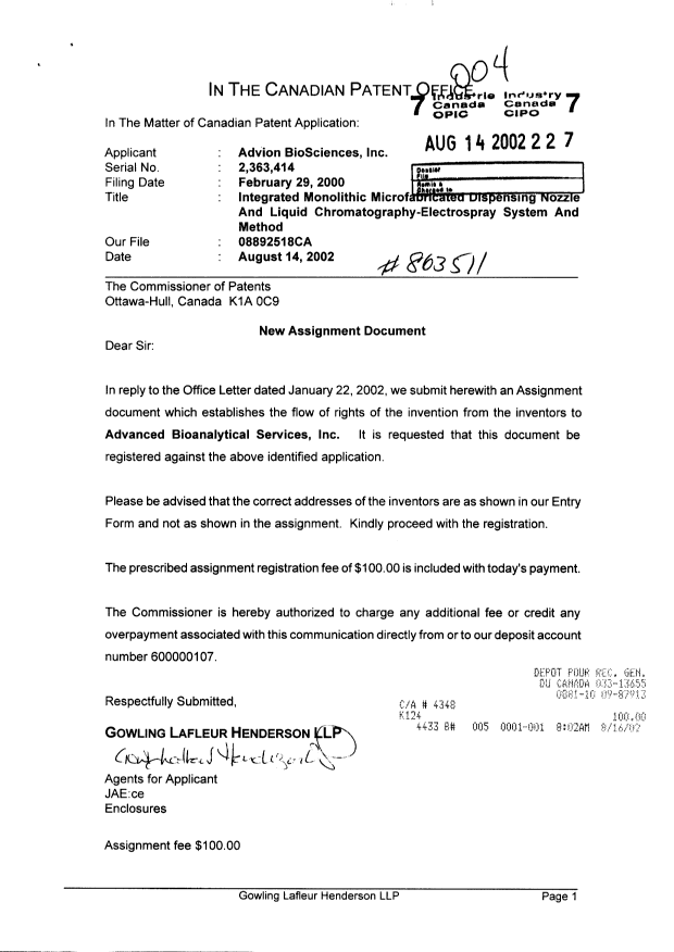 Document de brevet canadien 2363414. Cession 20020814. Image 1 de 4