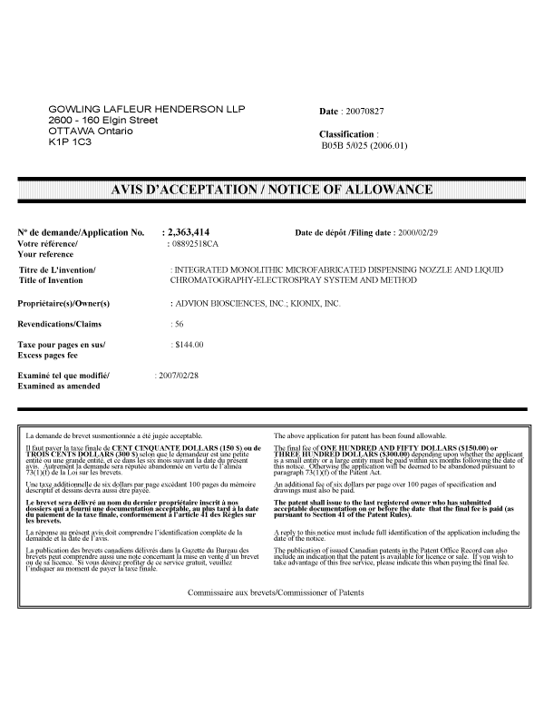 Canadian Patent Document 2363414. Correspondence 20070827. Image 1 of 1