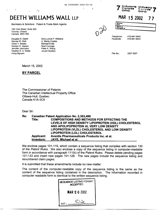 Document de brevet canadien 2363486. Correspondance 20020315. Image 1 de 30