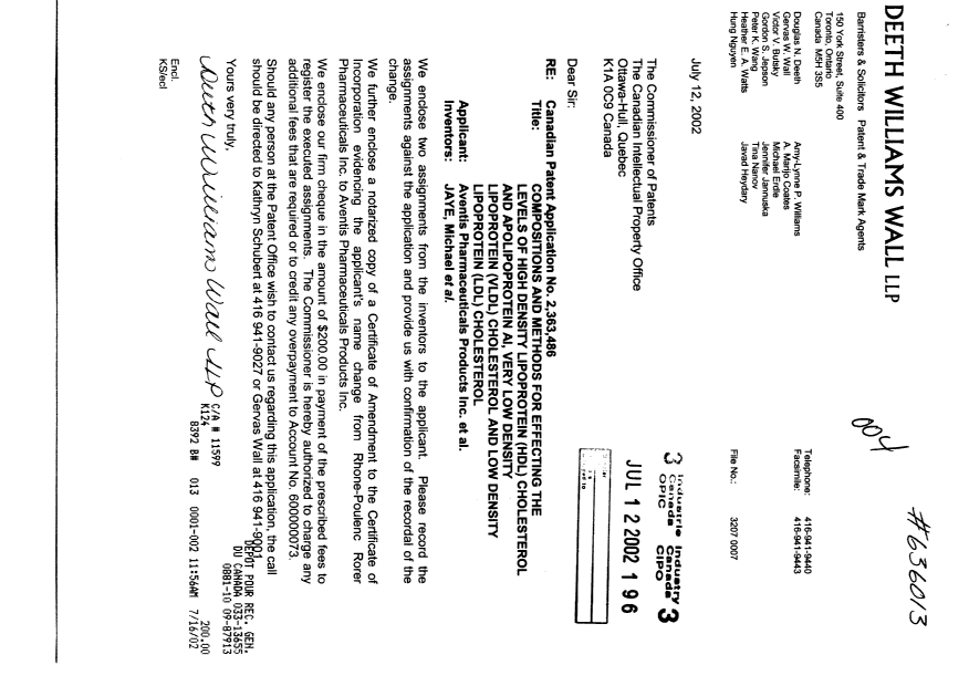 Canadian Patent Document 2363486. Assignment 20020712. Image 1 of 25