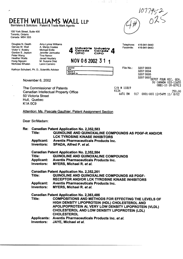 Document de brevet canadien 2363486. Cession 20021106. Image 1 de 2
