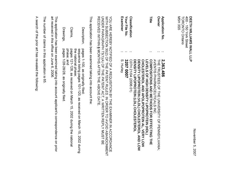 Canadian Patent Document 2363486. Prosecution-Amendment 20071105. Image 1 of 5