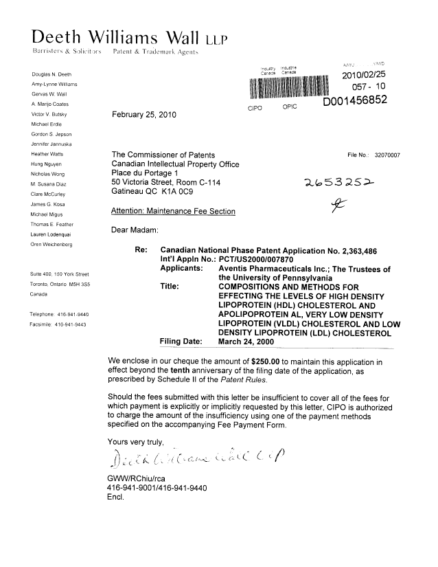 Canadian Patent Document 2363486. Fees 20100225. Image 1 of 1