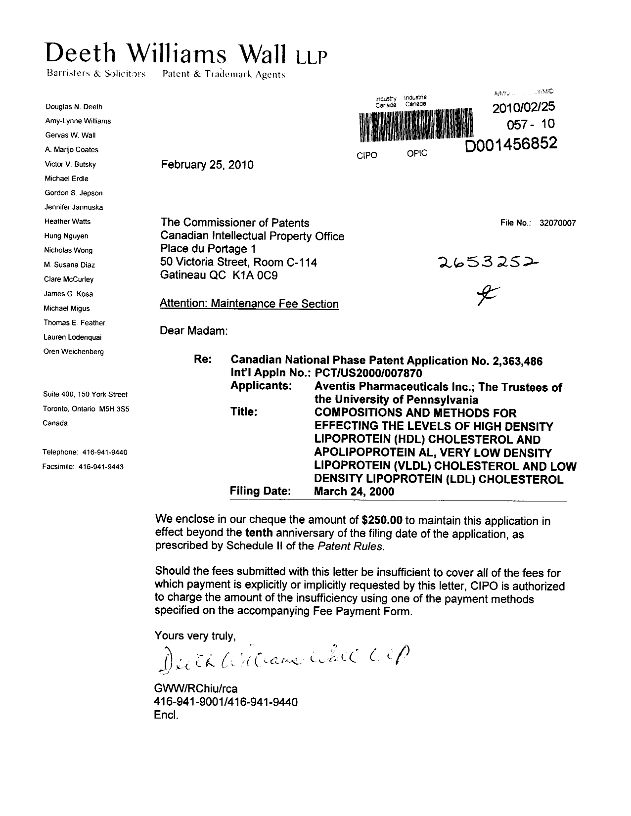 Canadian Patent Document 2363486. Fees 20100225. Image 1 of 1