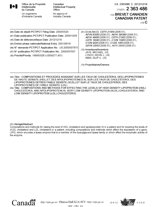 Canadian Patent Document 2363486. Cover Page 20121122. Image 1 of 2