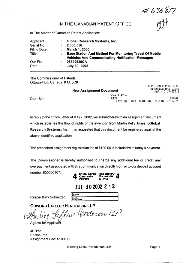 Document de brevet canadien 2363556. Cession 20020730. Image 1 de 6