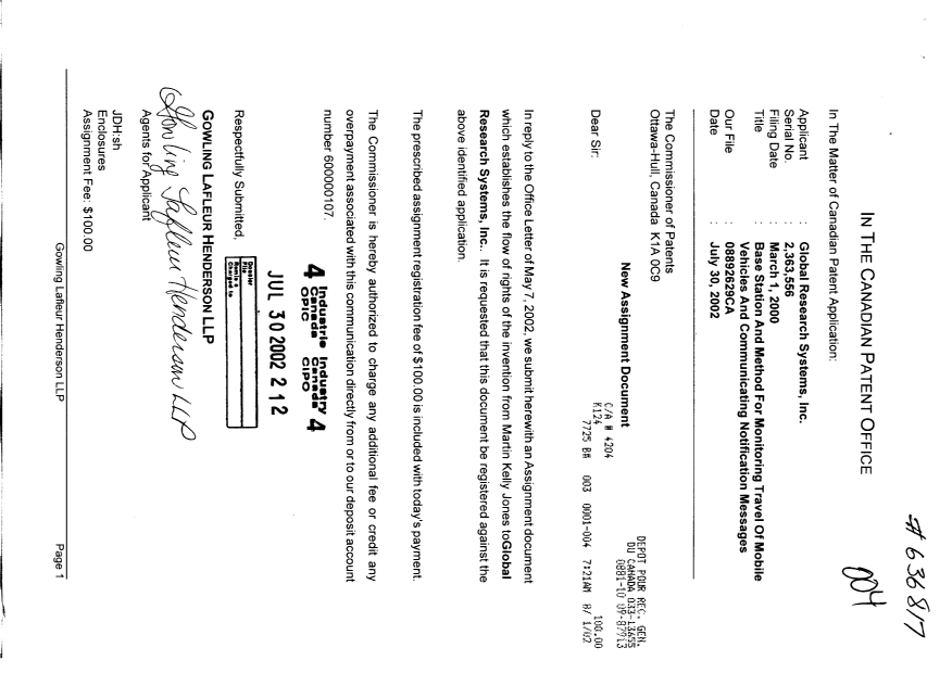 Canadian Patent Document 2363556. Assignment 20020730. Image 1 of 6