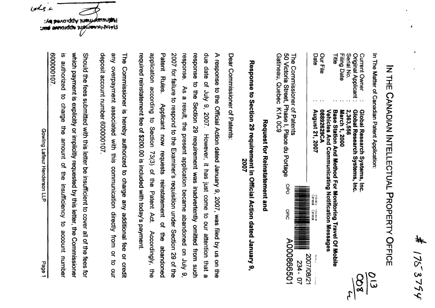 Canadian Patent Document 2363556. Prosecution-Amendment 20070821. Image 1 of 2