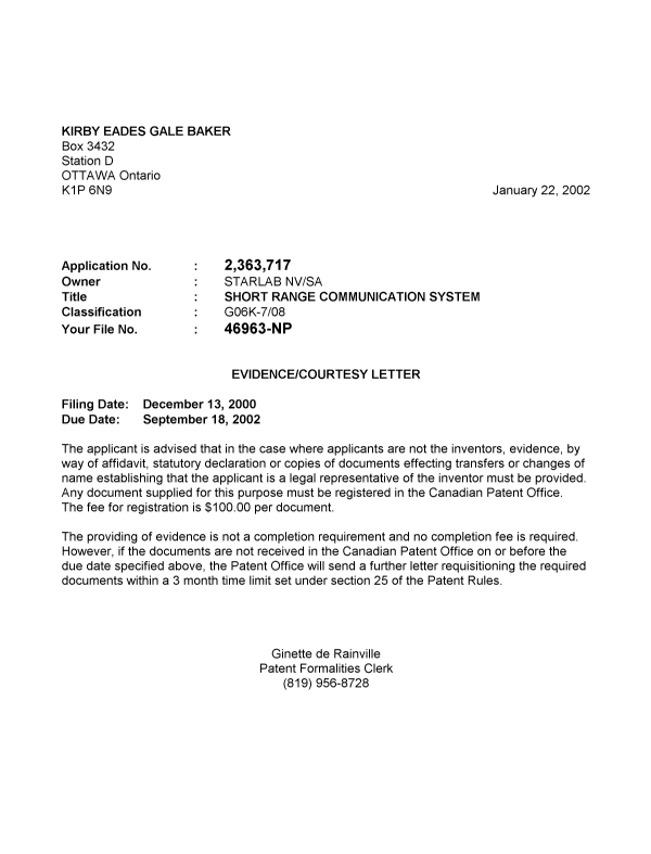 Document de brevet canadien 2363717. Correspondance 20020115. Image 1 de 1