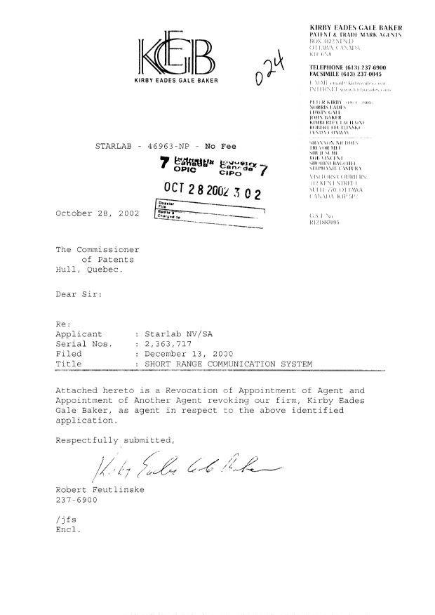 Canadian Patent Document 2363717. Correspondence 20021028. Image 1 of 2