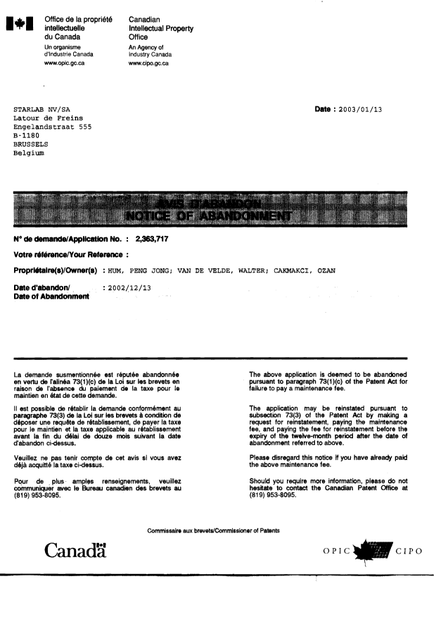 Document de brevet canadien 2363717. Correspondance 20030113. Image 1 de 4
