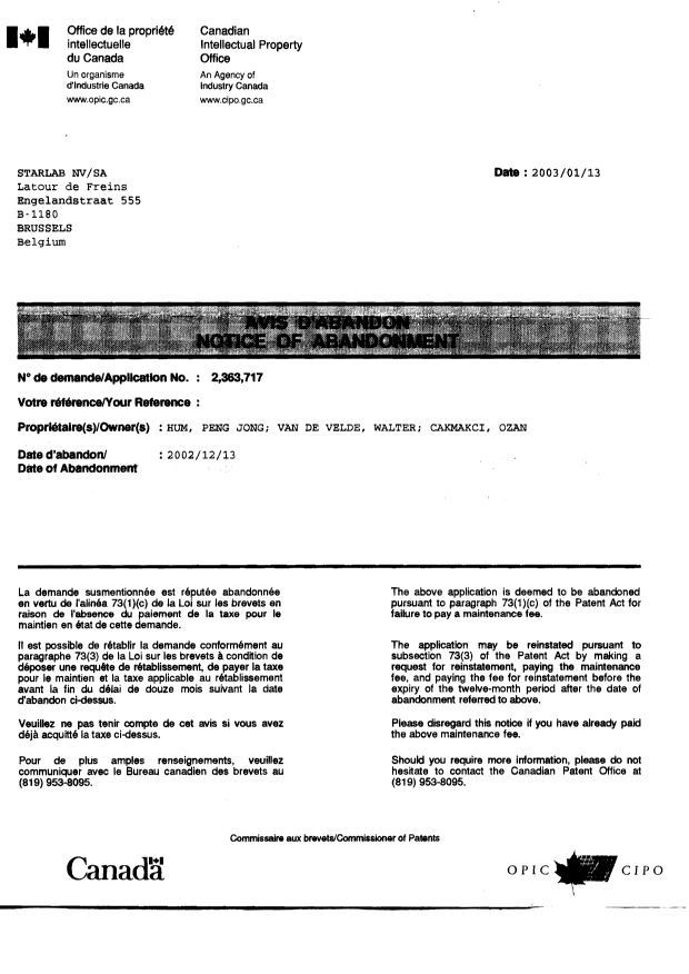 Document de brevet canadien 2363717. Correspondance 20030113. Image 1 de 3