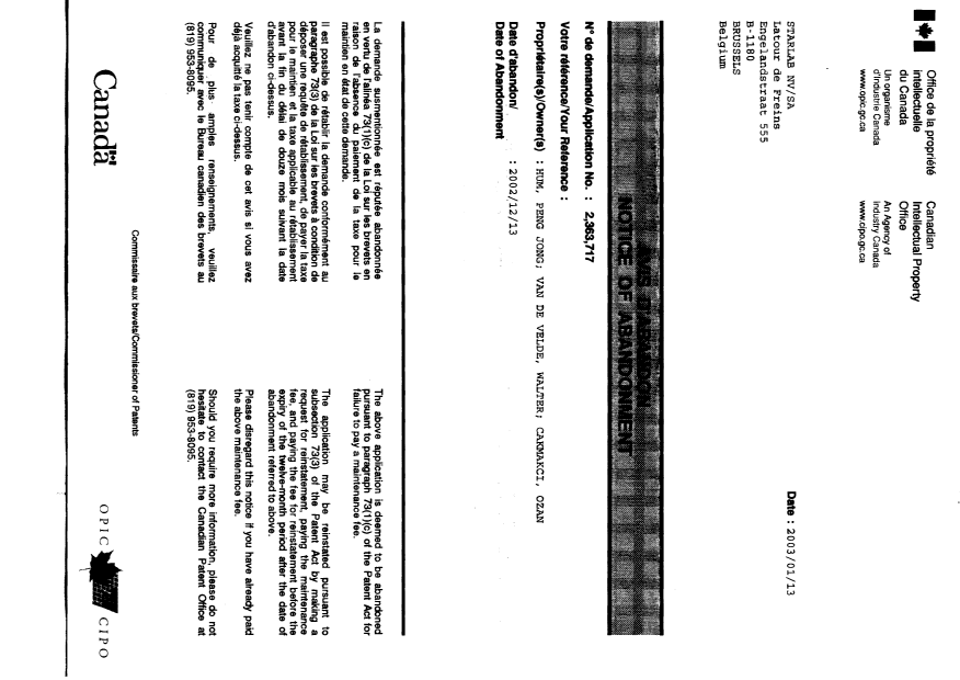 Canadian Patent Document 2363717. Correspondence 20030113. Image 1 of 4