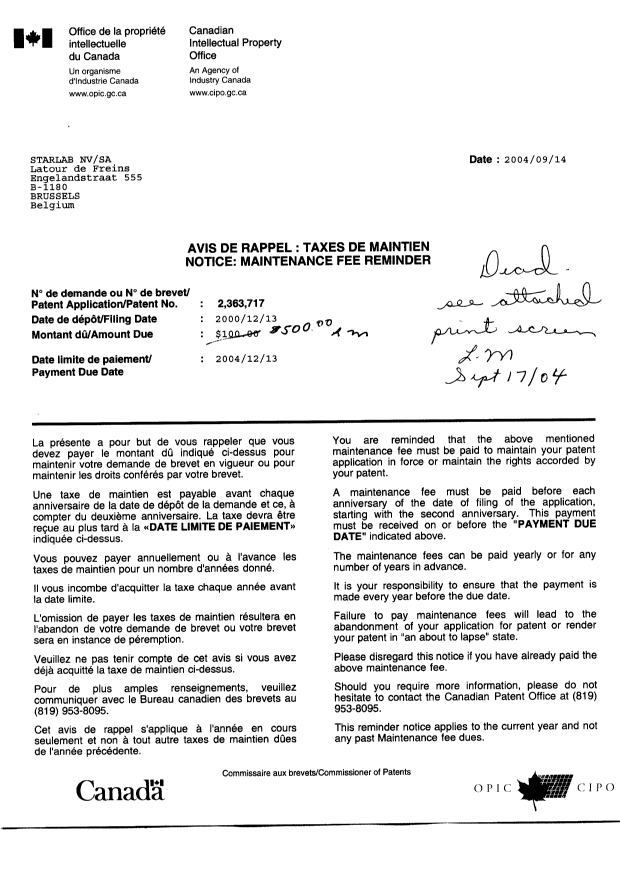 Document de brevet canadien 2363717. Correspondance 20040914. Image 1 de 2