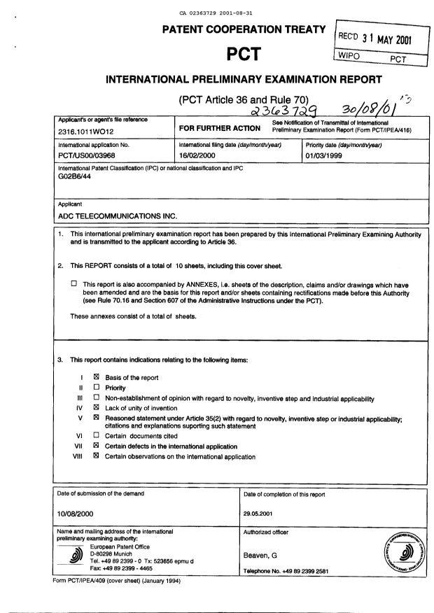 Document de brevet canadien 2363729. PCT 20010831. Image 1 de 10