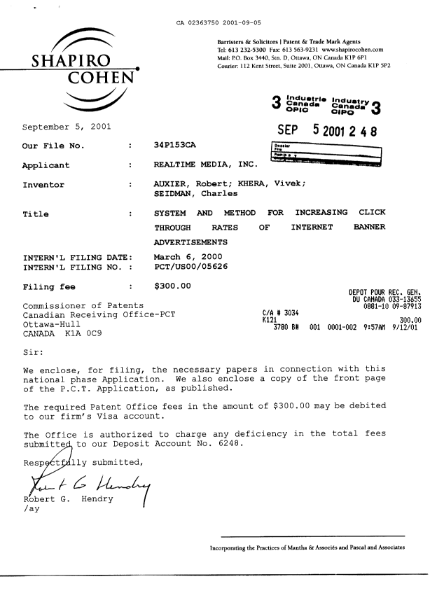 Document de brevet canadien 2363750. Cession 20010905. Image 1 de 3