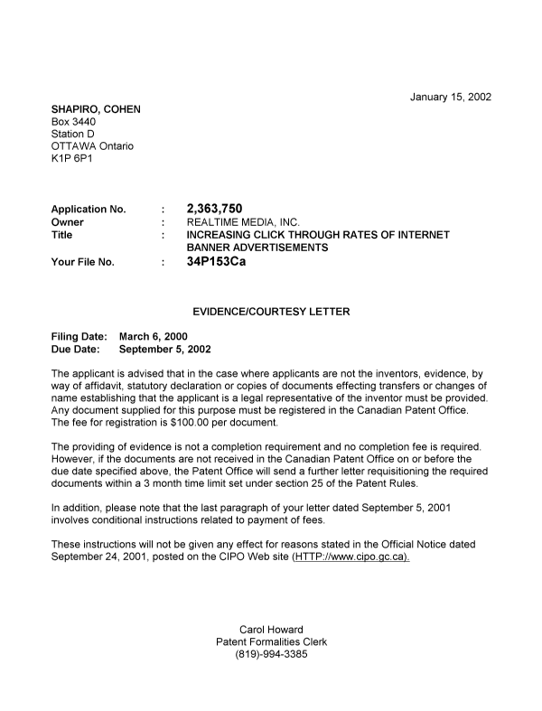 Document de brevet canadien 2363750. Correspondance 20020108. Image 1 de 1