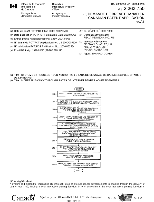 Document de brevet canadien 2363750. Page couverture 20020111. Image 1 de 2