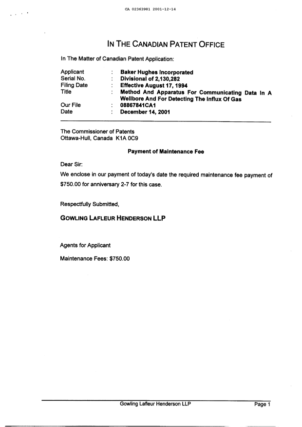 Document de brevet canadien 2363981. Cession 20011214. Image 5 de 5