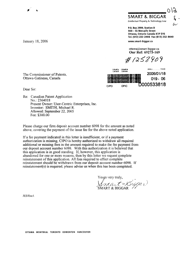 Canadian Patent Document 2364018. Correspondence 20060118. Image 1 of 1